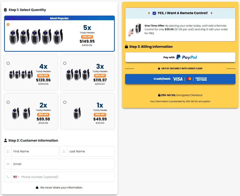 Toasty Heater CheckOut Page